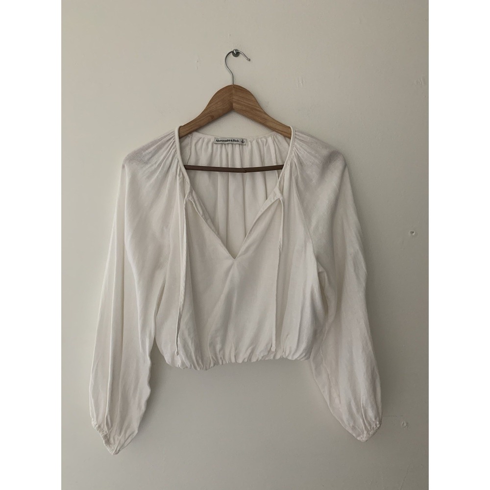 Abercrombie & Fitch White Peasant Top S Puff Sleeve Crop Vneck Linen Cotton Boho